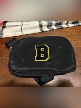 Black Crossbody Pouch with Gold Embroidered Logo- Letter B